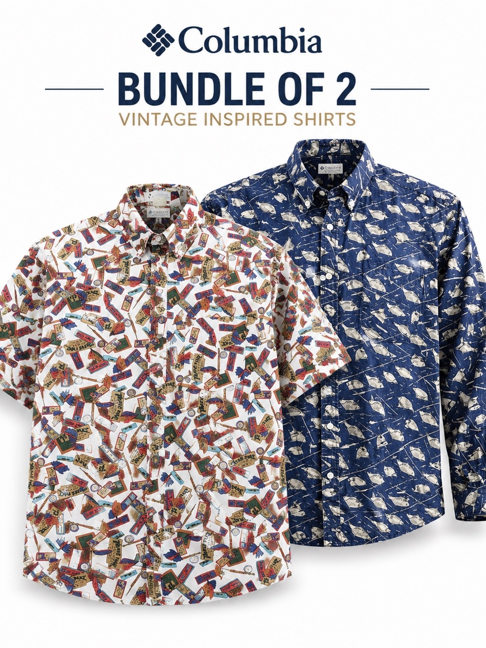 Columbia Bundle of 2 Vintage Print Fishing Shirts Men’s XL Button Front